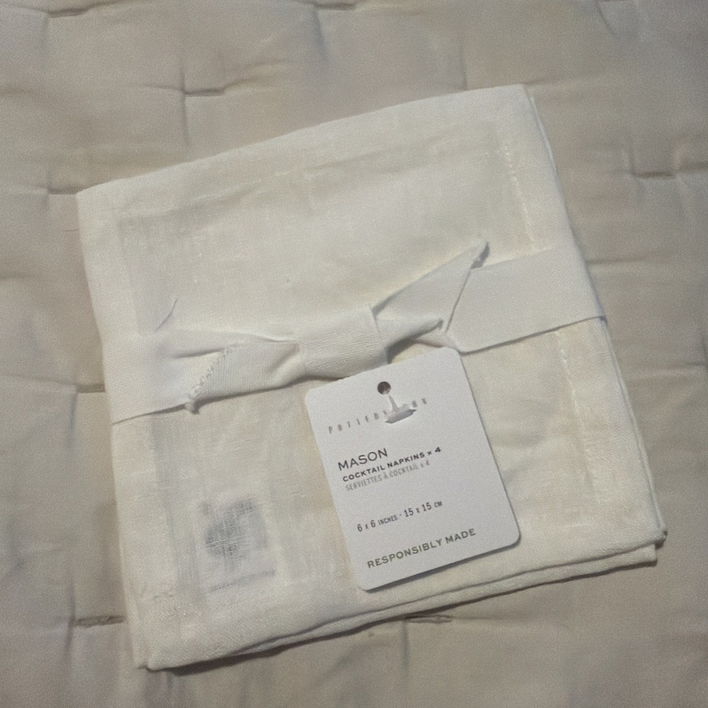 Pottery Barn Mason SET OF 4 Cocktail Napkins WHITE  6" X 6" NEW WITH TAGS